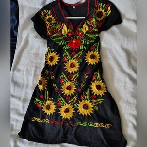 Mexican Black Dress with Sunflower Embroidery